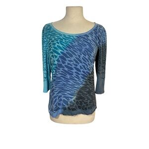 Glima Top XL Womens Boho y2k 3/4 Sleeve Abstract Shirt Artsy Romantic Ruffle Hem